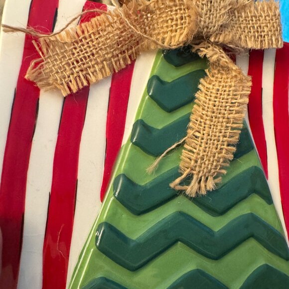 Mud pie Square Christmas tree Dessert plate Burlap Bow New Stripes Holiday RARE - Picture 3 of 10